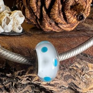 Authentic Pandora Murano - White Teal Polka Dots Charm Glass Silver 790608